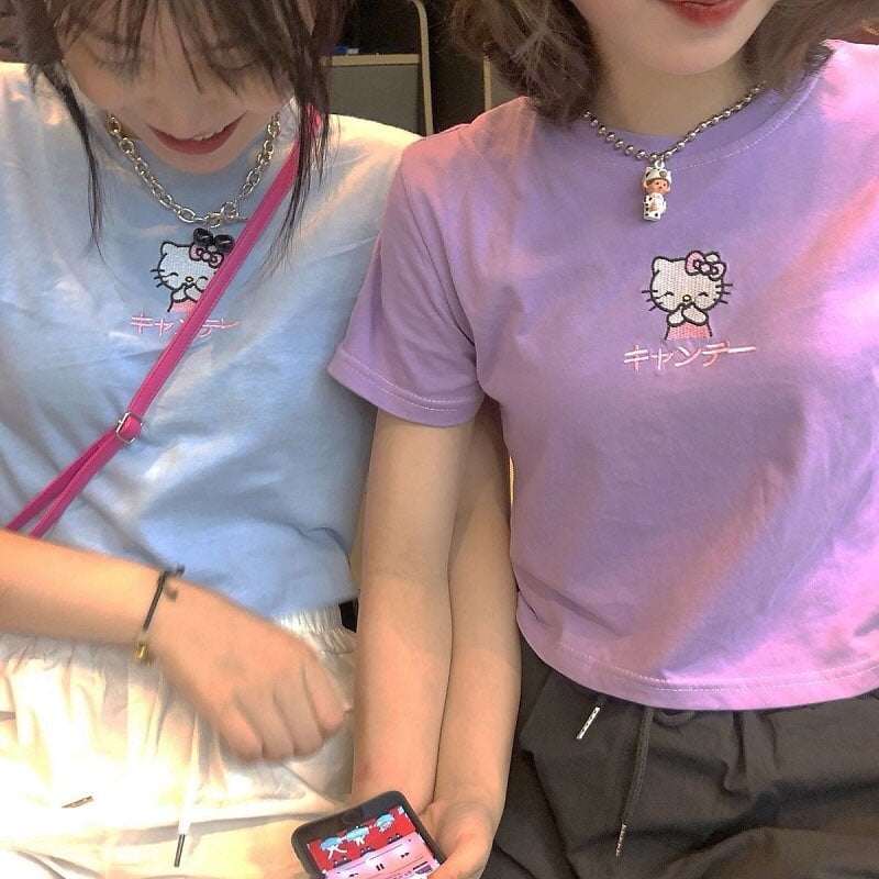 Cute Cat Kitten Embroidery Anime Cartoon Crop Top Short Sleeve Shirt T-shirt Top Summer Casual E-Girl Kawaii Korean Japanese Harajuku Streetwear