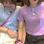 Cute Cat Kitten Embroidery Anime Cartoon Crop Top Short Sleeve Shirt T-shirt Top Summer Casual E-Girl Kawaii Korean Japanese Harajuku Streetwear
