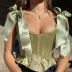 Cute Lace Ribbon Bow Tie Solid Square Collar Patchwork Sleeveless Corset Top Summer Aesthetic Casual E-Girl Kawaii Korean Japanese Harajuku
