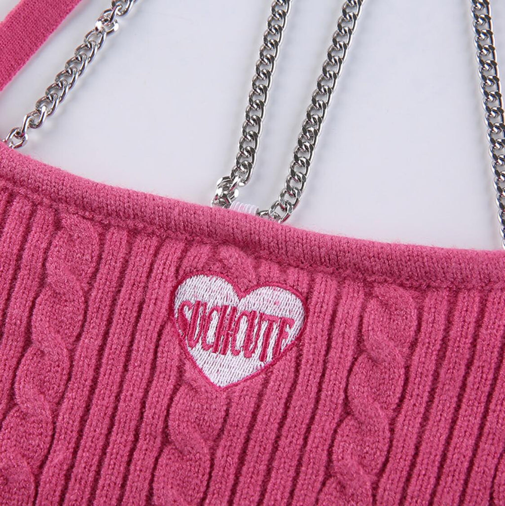 90s Pink Chain Knit Halter Crop Top Backless Tank Sleeveless Shirt Summer Aesthetic Casual E-Girl Kawaii Korean Japanese Harajuku