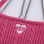 90s Pink Chain Knit Halter Crop Top Backless Tank Sleeveless Shirt Summer Aesthetic Casual E-Girl Kawaii Korean Japanese Harajuku