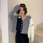 Grey Heart V Neck Patchwork Cardigan