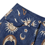 Cute Sun Moon Star Planet Pattern Loose Denim Shorts Bottom E-Girl Kawaii Korean Japanese Harajuku Chinese Retro Streetwear Aesthetic