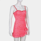 Cute Sweet 90s Pink Heart Print Sleeveless Strap Ruffles Short Mini Dress Aesthetic Casual Summer E-Girl Kawaii Korean Japanese Harajuku