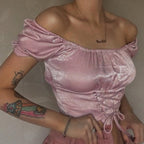 Cute Vintage Pink Silky Satin Short Sleeve Shirt Crop Top Lace Up Elegant Aesthetic Casual Summer E-Girl Kawaii Korean Japanese Harajuku