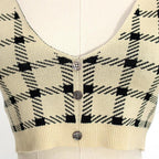 Cute 2 Pcs Gingham Plaid Sweater Knit Button Up Crop Top Shirt Tee T-shirt E-Girl Kawaii Korean Japanese Harajuku Chinese Retro Streetwear Aesthetic