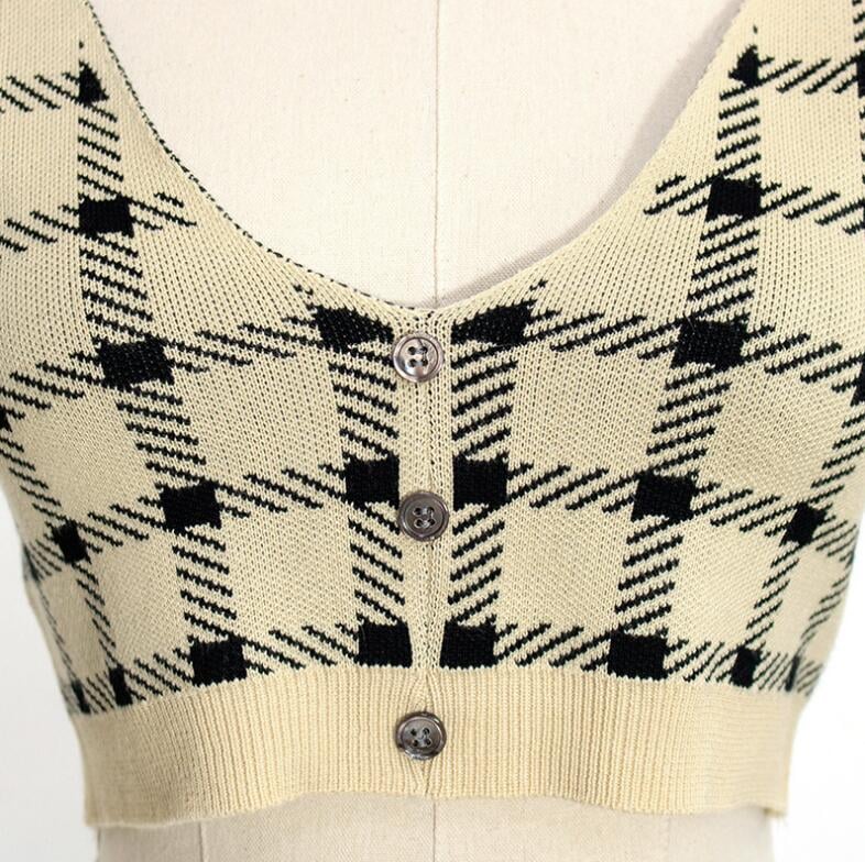 Cute 2 Pcs Gingham Plaid Sweater Knit Button Up Crop Top Shirt Tee T-shirt E-Girl Kawaii Korean Japanese Harajuku Chinese Retro Streetwear Aesthetic