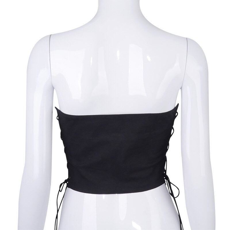 Sexy Black Corset Lace Tie Up Bustier Crop Top Sleeveless Strapless Vest Party Club Aesthetic Goth E-Girl Kawaii Korean Japanese Harajuku Streetwear