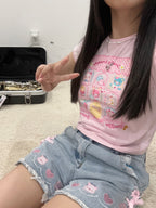 Cat Embroidery Pink Ribbon Denim Shorts