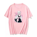 Cute Pink Black Sweet Vintage Anime Girl Cartoon Loose Short Sleeve Shirt Tee T-shirt Summer Casual E-Girl Kawaii Korean Japanese Harajuku Streetwear