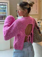 Pink Knit Backless Lace Up Sweater