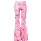 Pink Butterfly Low Waist Flare Bell Bottom Pants Rave Festival Aesthetic Casual E-Girl Kawaii Korean Japanese Harajuku