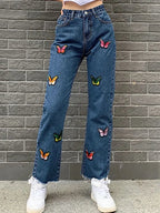 Butterfly Embroidery High Waist Denim Jeans