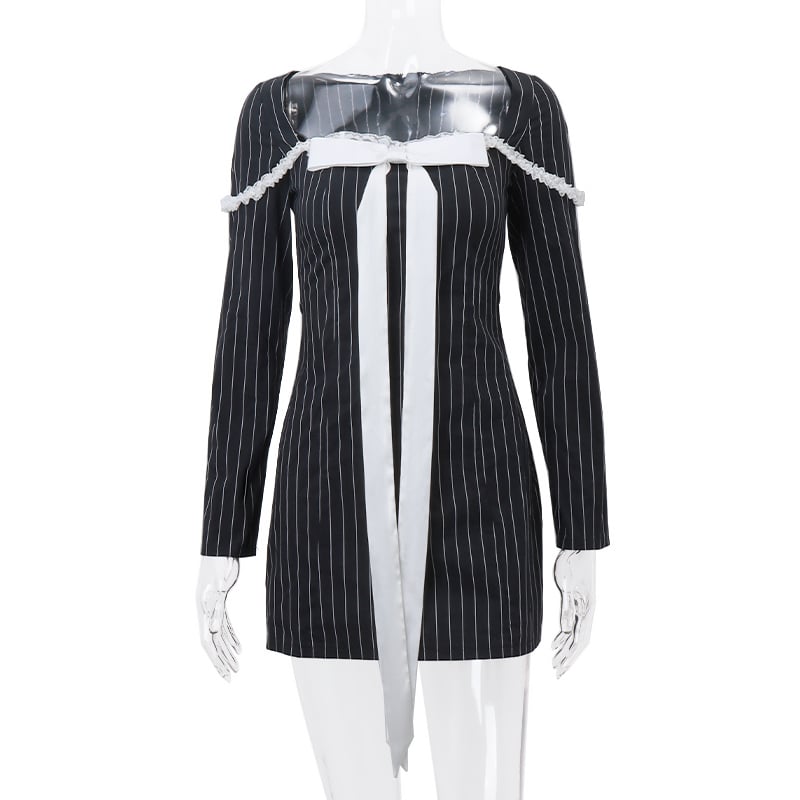 Preppy Bow Sqaure Neck Long Sleeve Dress