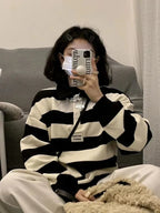 Black & White Stripe Polo Collar Sweatshirt