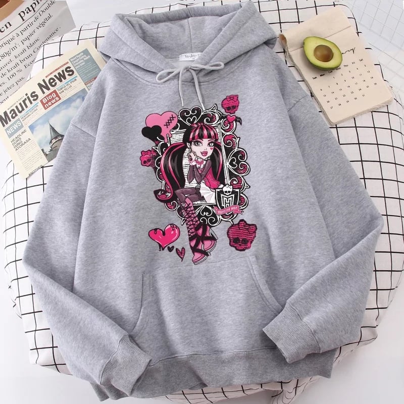 Cute Girl Monster Cartoon Print Long Sleeve Hoodie Sweater Sweatshirt Pullover Aesthetic Casual Summer E-Girl Kawaii Korean Japanese Harajuku