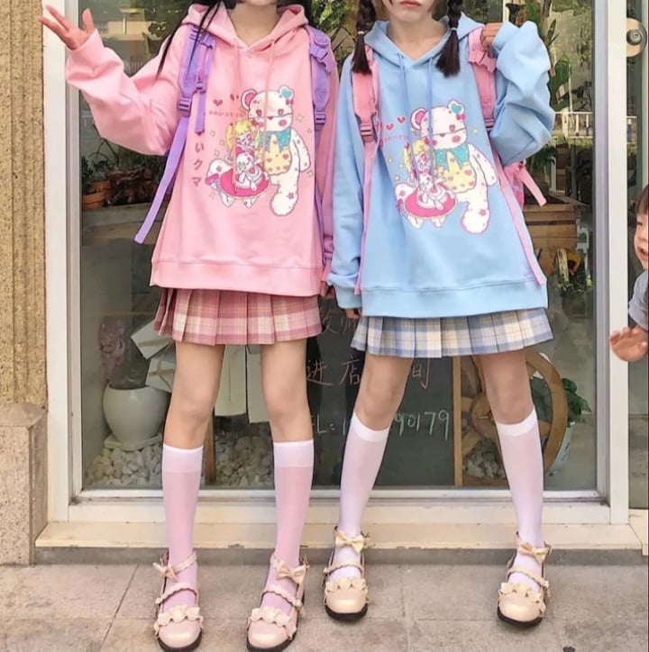 Cute Pastel Anime Girl Teddy Bear Cartoon Graphic Print Oversized Fleece Hoodie Sweatshirt Aesthetic Casual E-Girl Kawaii Korean Japanese Harajuku