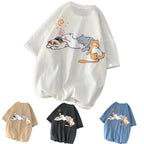 Cute Napping Cat Cartoon Print Short Sleeve Shirt Tees Aesthetic Casual Summer E-Girl Kawaii Korean Japanese Harajuku