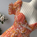 Cute Sweet Floral Print Jumpsuit Chiffon Ruffled Squared Collar Dress Summer Aesthetic Casual E-Girl Kawaii Korean Japanese Harajuku