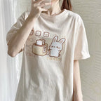 Cute Bunny And Toast Bread Graphic Cartoon Print Loose Short Sleeve T-shirt Aesthetic Casual Summer E-Girl Kawaii Korean Japanese Harajuku