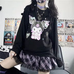 Cute Black Japanese Anime Cartoon Print Loose Oversize Long Sleeve T-shirt