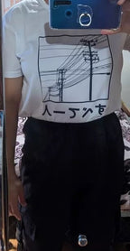 Cute White Funny Japan Power Line Print Loose Short Sleeve Short T-shirt Tee Top Summer Casual E-Girl Kawaii Korean Japanese Harajuku Streetwear