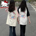 Japanese Cat Print Patchwork Short Sleeve T-shirt