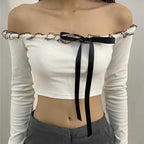 Ruffle Off Shoulder Lace Up Long Sleeve Top