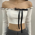 Ruffle Off Shoulder Lace Up Long Sleeve Top