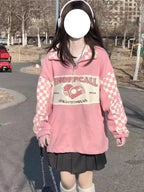 Pink Plaid Checkboard Zip Up Oversized Sweatshirt