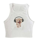 Cat Music Print Ribbed Tank Top