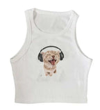 Cat Music Print Ribbed Tank Top