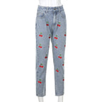 Cute Sweet Vintage Cherry Embroidery Light Washed Blue Denim Jeans High Waisted Cargo Slim Bottom E-Girl Kawaii Korean Japanese Harajuku Streetwear