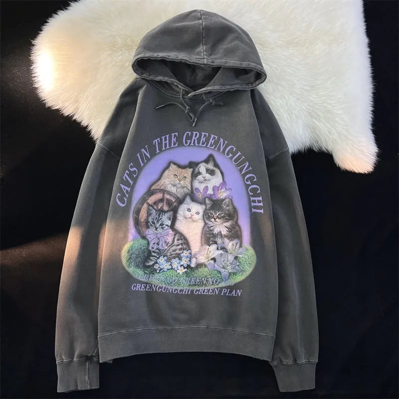 Purple Flower Kitten Print Oversized Hoodie