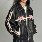 Bow Knot PU Leather Bomber Jacket