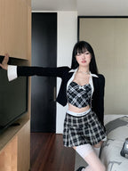 3PCS Plaid Patchwork Camisole + Pleated Skirt + Long Sleeve Shirt