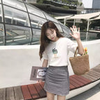 Cute Summer Lavender Plant Flower Embroidery White Loose Casual Short Sleeve Tee Shirt T-shirt Top E-Girl Kawaii Korean Japanese Harajuku Streetwear