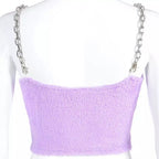 Cute Sexy Purple Chain Sling Fur Fluffy Casual Tank Crop Top Sleeveless Shirt Summer Club E-Girl Kawaii Korean Japanese Harajuku Retro Streetwear
