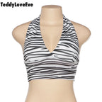 Cute Sexy Zebra Animal Print Sleeveless Halter Crop Top Shirt Tee T-shirt E-Girl Kawaii Korean Japanese Harajuku Chinese Retro Streetwear Aesthetic