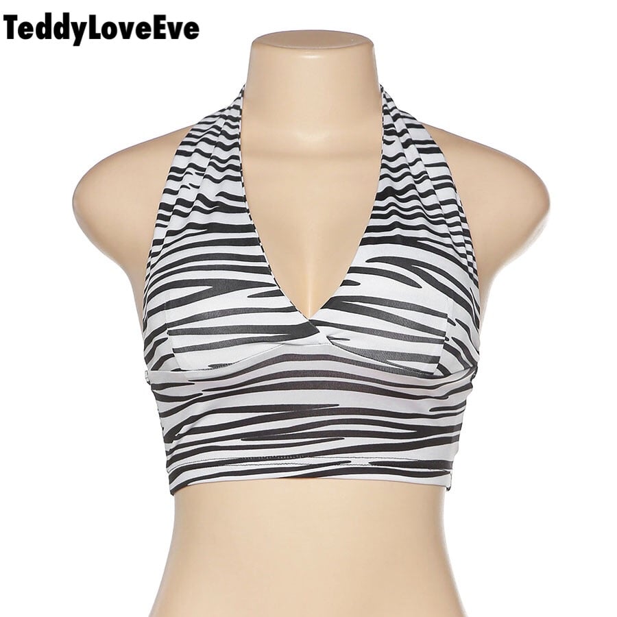 Cute Sexy Zebra Animal Print Sleeveless Halter Crop Top Shirt Tee T-shirt E-Girl Kawaii Korean Japanese Harajuku Chinese Retro Streetwear Aesthetic