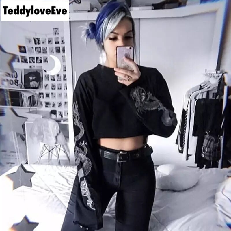 Sexy Black Goth Punk Dragon Print Vintage Sweatshirt Loose Crop Top Long Sleeve Shirt T-shirt E-Girl Kawaii Korean Japanese Harajuku Streetwear