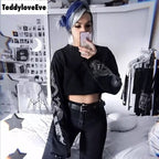 Sexy Black Goth Punk Dragon Print Vintage Sweatshirt Loose Crop Top Long Sleeve Shirt T-shirt E-Girl Kawaii Korean Japanese Harajuku Streetwear
