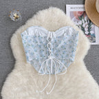 Blue Floral Lace Up Backless Corset Top