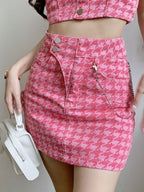 2PCS Pink Plaid Tank Top + Denim Mini Skirt