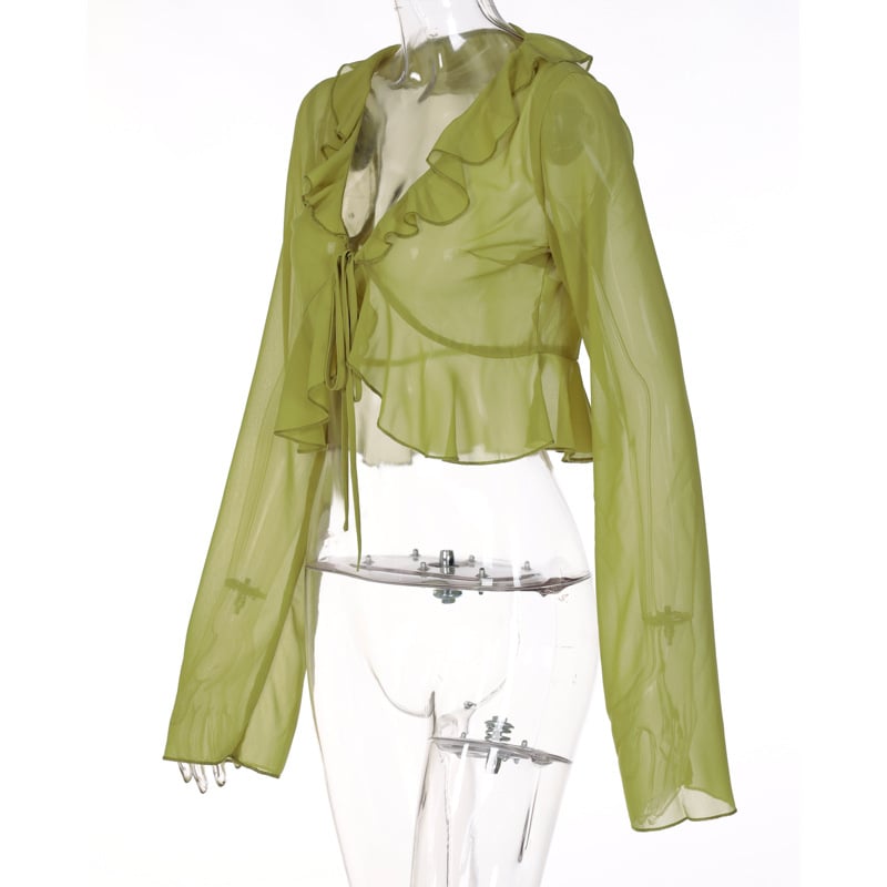 Green Sheer Flare Long Sleeve V Neck Blouse