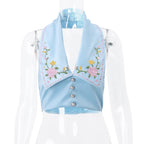 Blue Flower Embroidery Collar Vest Top