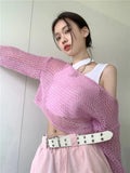 Pink Hollow Out Knit Cropped Sweater
