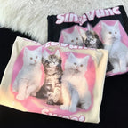Retro Cat Print Short Sleeve T-shirt