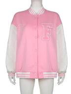 Pink Embroidery Patchwork Varsity Jacket