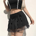 Cute Vintage Lace Trim Ribbon Bow Tie Up Pleated High Waisted Skirt Punk Goth E-Girl Kawaii Korean Japanese Harajuku Streetwear